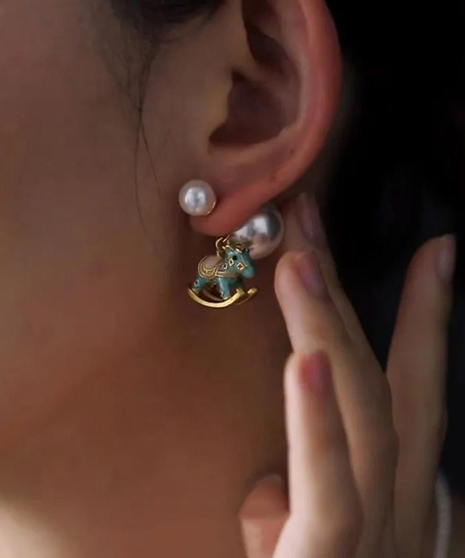 Chinese Blue Copper Foal Style Overgild Stud Earrings Pearl
