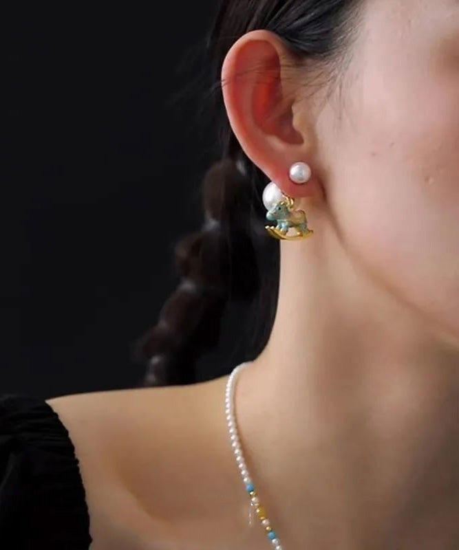 Chinese Blue Copper Foal Style Overgild Stud Earrings Pearl