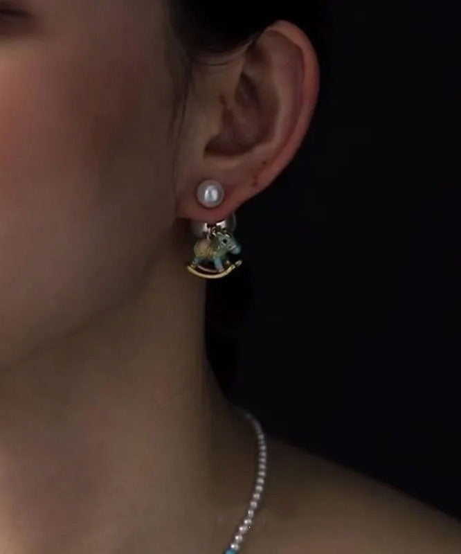 Chinese Blue Copper Foal Style Overgild Stud Earrings Pearl