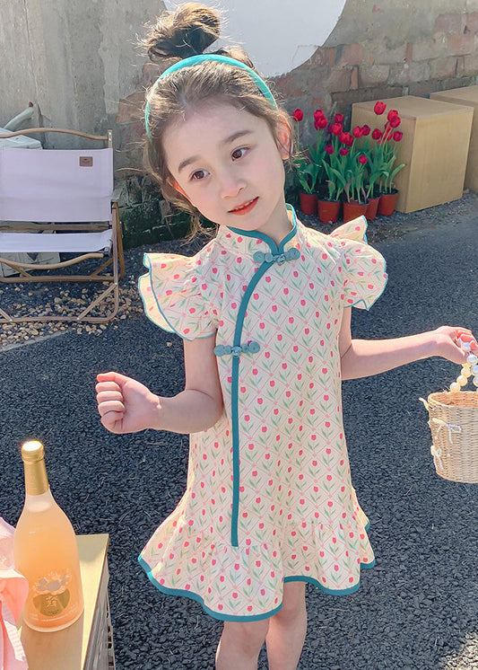 Chinesischen Stil Blau Rüschen Druck Taste Mädchen Mid Kleid Sommer MN015