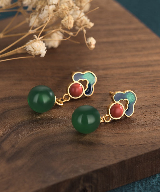 Ancient Chalcedony Green Earrings Chinese Drop Style Gold