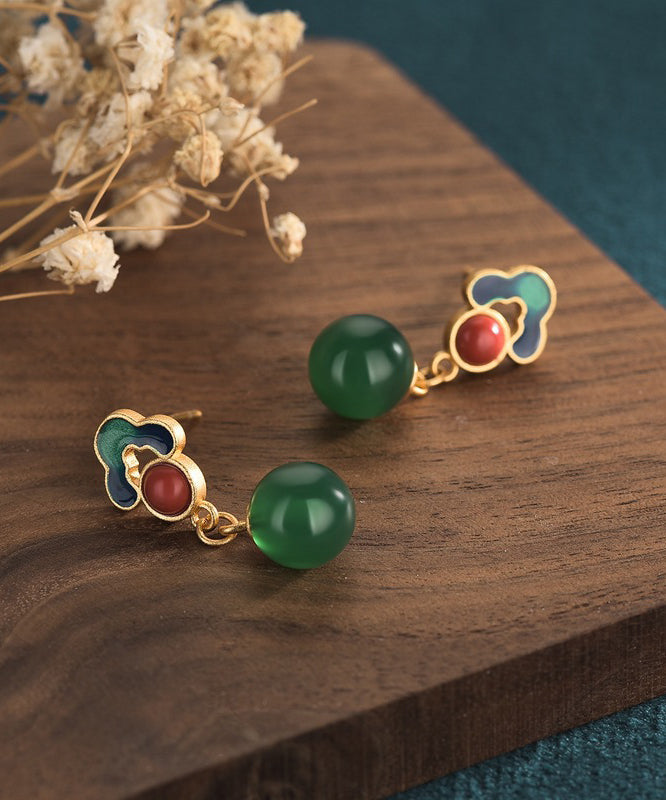 Ancient Chalcedony Green Earrings Chinese Drop Style Gold