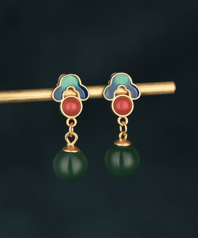 Ancient Chalcedony Green Earrings Chinese Drop Style Gold
