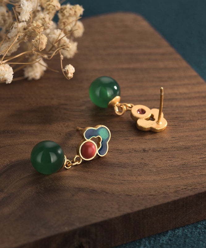 Ancient Chalcedony Green Earrings Chinese Drop Style Gold