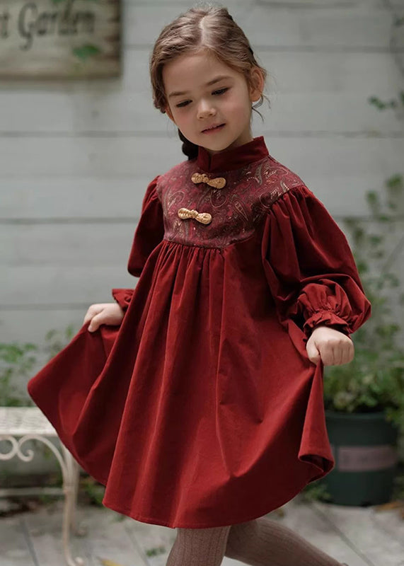 Chinese Style Mulberry Stand Collar Embroideried Corduroy Girls Long Dress Spring YE018