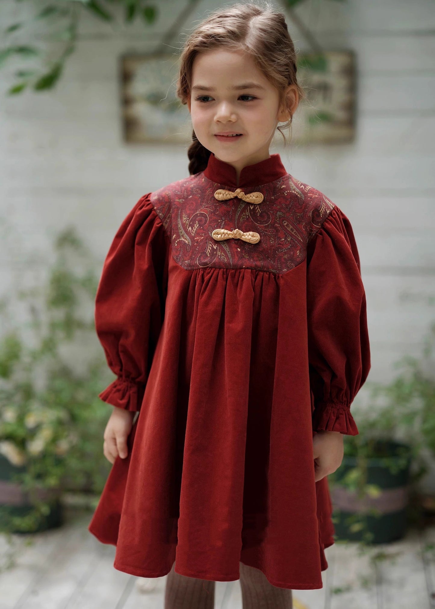 Chinese Style Mulberry Stand Collar Embroideried Corduroy Girls Long Dress Spring YE018