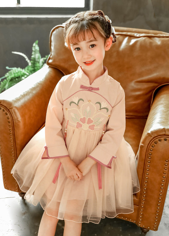 Chinese Style Pink Stand Collar Embroideried Tulle Kids Long Dress Spring YE031