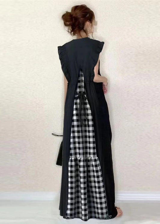 Cotton Sleeveless Black Classy Dress Tunic Ruffled Patchwork