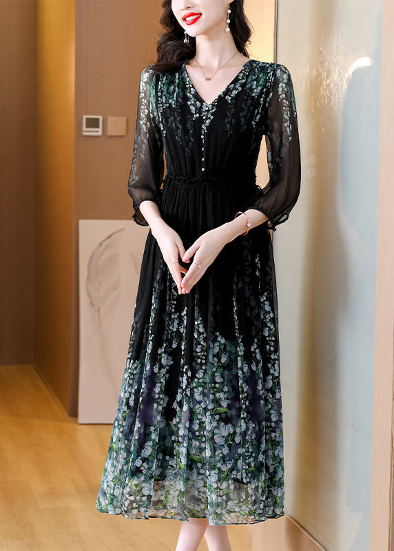 Wrinkled Neck Classy Dress Drawstring V Silk Black Long Print