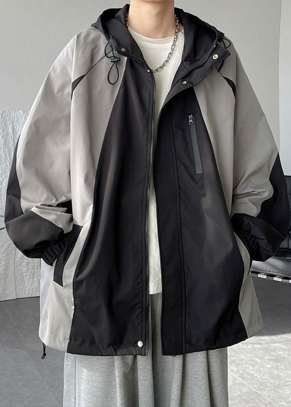Cotton Hooded Patchwork Mens Classy Coats Grey Drawstring Spring