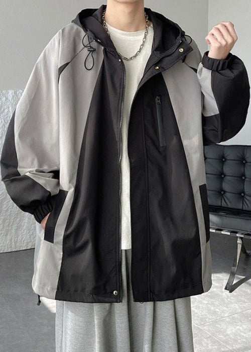 Cotton Hooded Patchwork Mens Classy Coats Grey Drawstring Spring