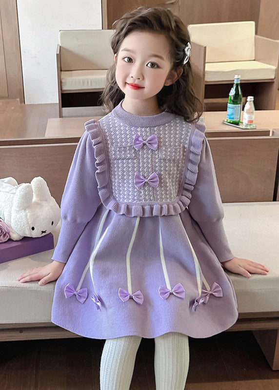 Classy Pink O-Neck Bow Patchwork Cotton Knit Girls Vacation Maxi Dresses Spring YE025