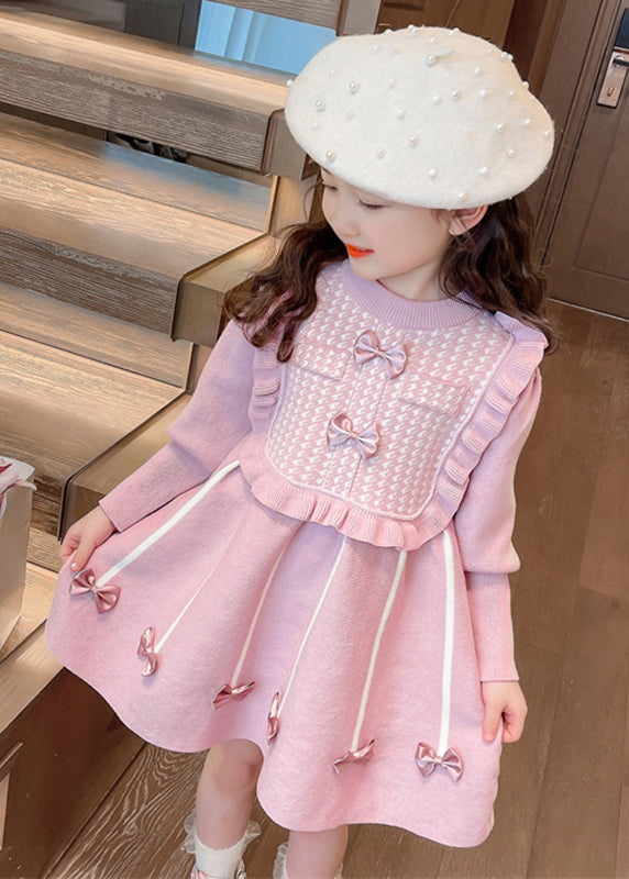 Classy Pink O-Neck Bow Patchwork Cotton Knit Girls Vacation Maxi Dresses Spring YE025