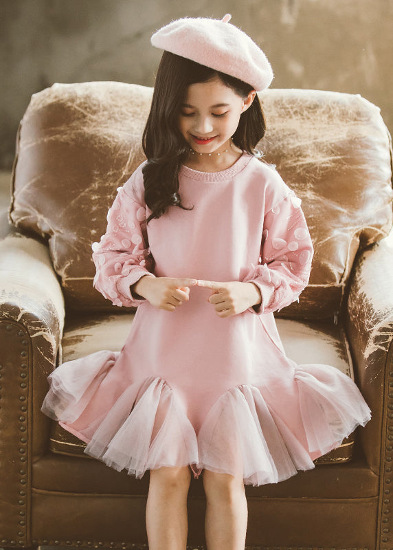 Classy Pink O-Neck Tulle Girls Long Pullover Dresses Spring TV025