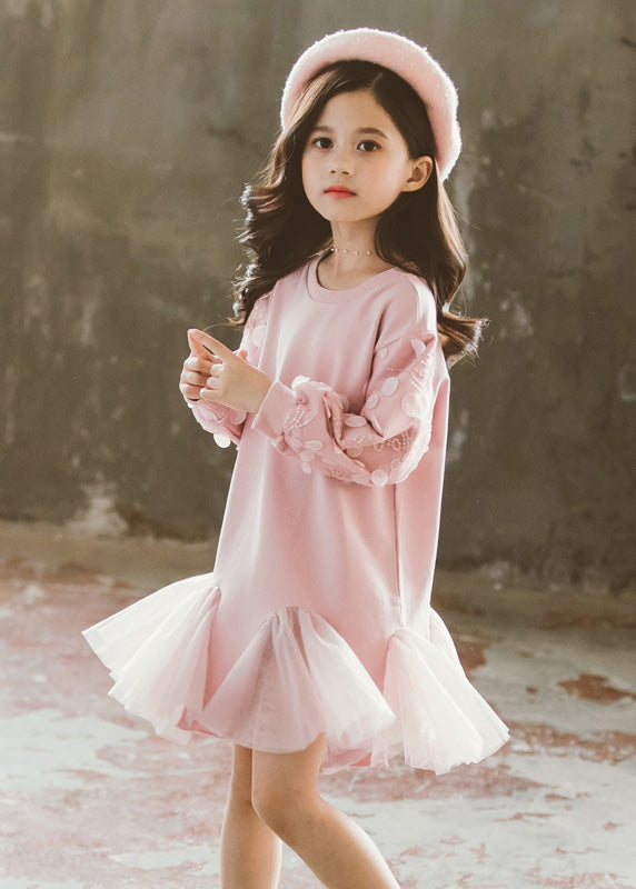 Classy Pink O-Neck Tulle Girls Long Pullover Dresses Spring TV025