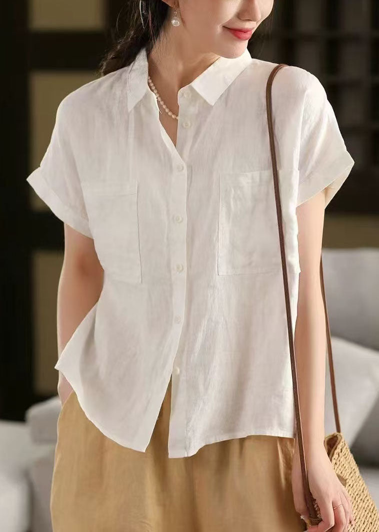 Classy Peter Shirt Linen Summer Collar White Pan Pockets Top