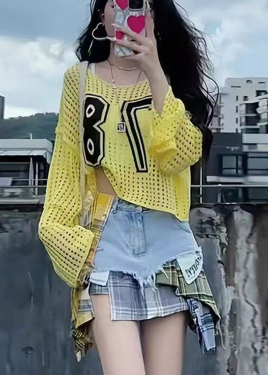Embroidered Hollow Classy Summer Tops Out Yellow Knit