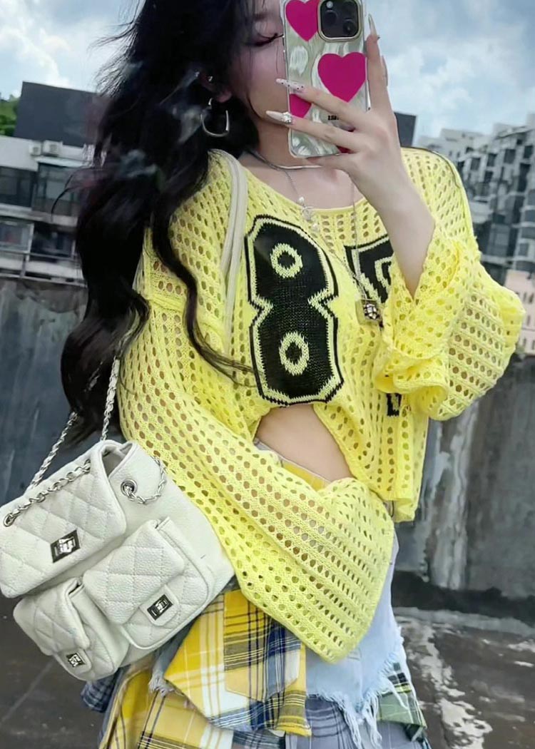 Embroidered Hollow Classy Summer Tops Out Yellow Knit