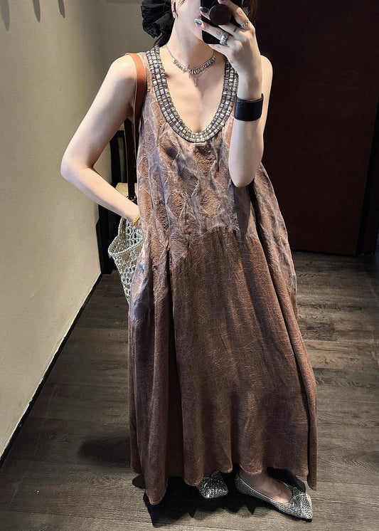 Tulle Neck Cotton Summer Long O Dresses Coffee Patchwork