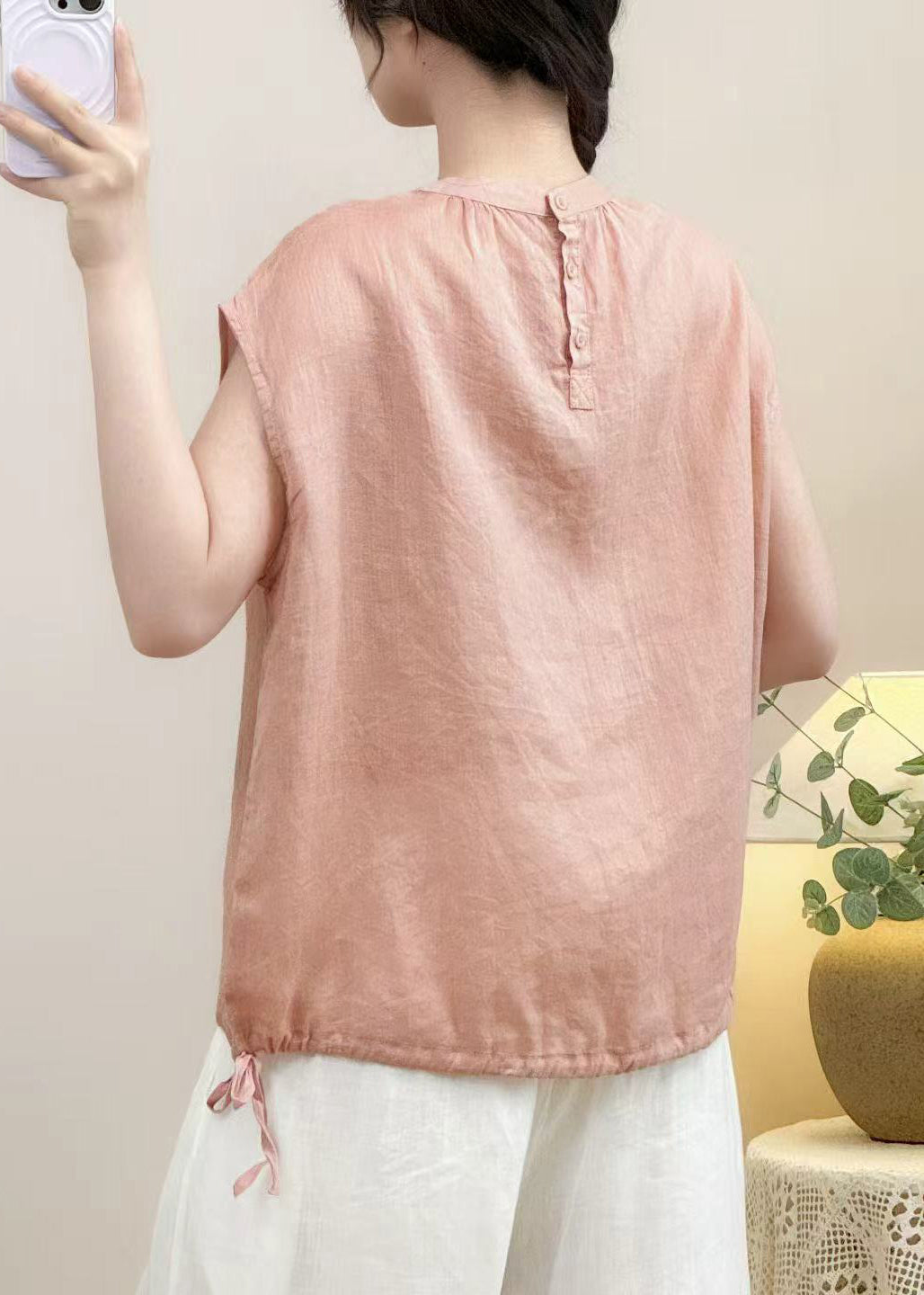 Solid Summer Shirt O Cozy Linen Pink Neck