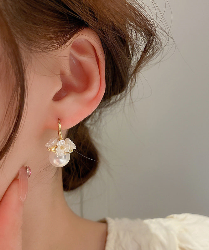 Zircon Alloy Cute Hoop Earrings Pearl Gold Floral