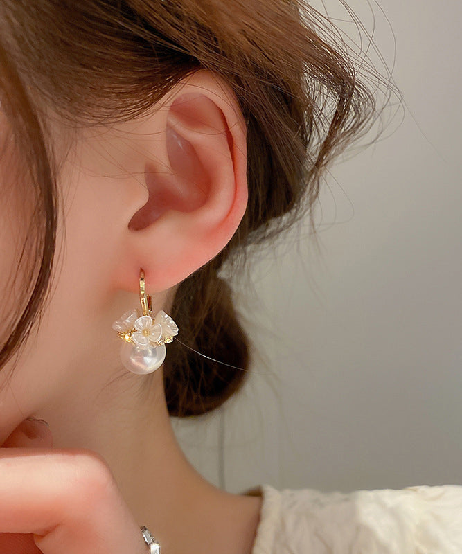 Zircon Alloy Cute Hoop Earrings Pearl Gold Floral
