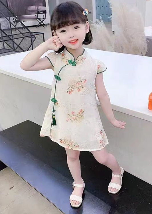 Cute Green Embroidered Tassel Silk Girls Mid Dress Short Sleeve GF012