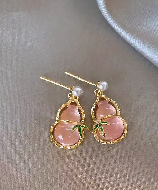 Out Alloy Pink Resin Cute Earrings Drop Calabash Zircon Hollow