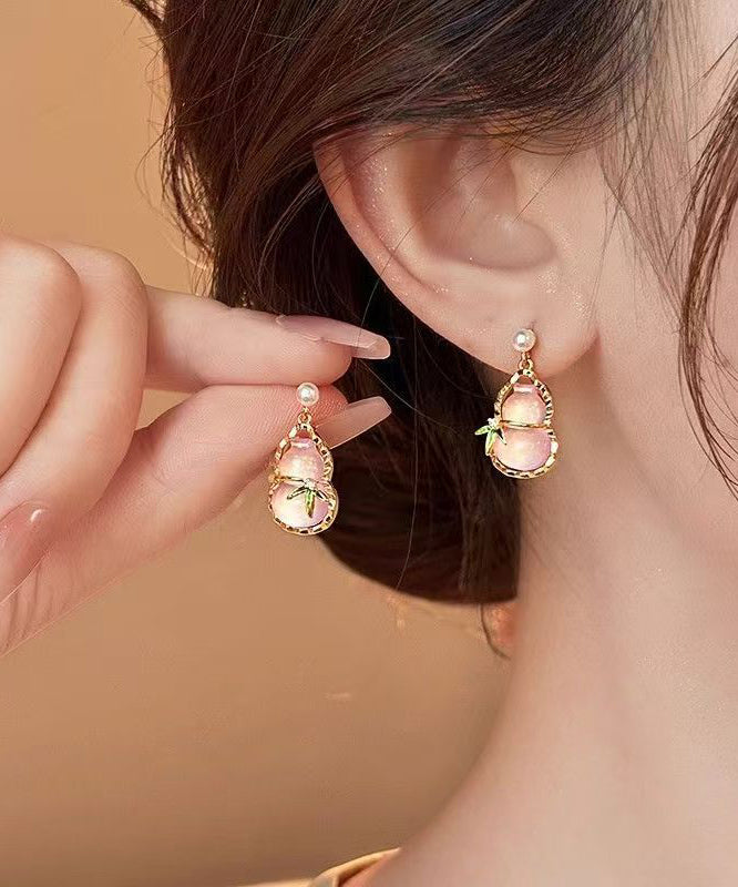 Out Alloy Pink Resin Cute Earrings Drop Calabash Zircon Hollow