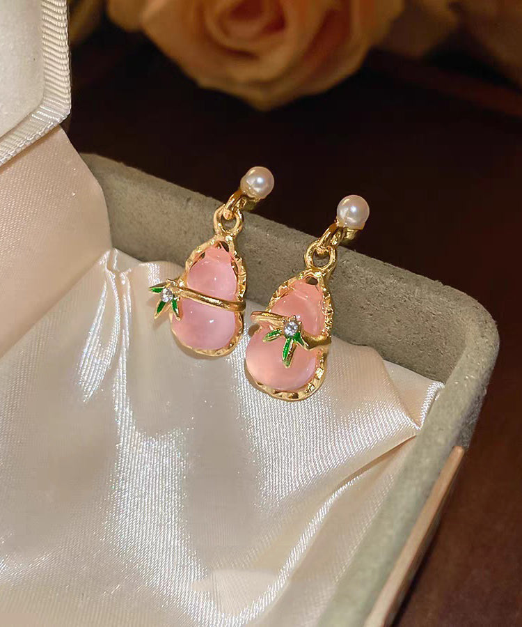 Out Alloy Pink Resin Cute Earrings Drop Calabash Zircon Hollow