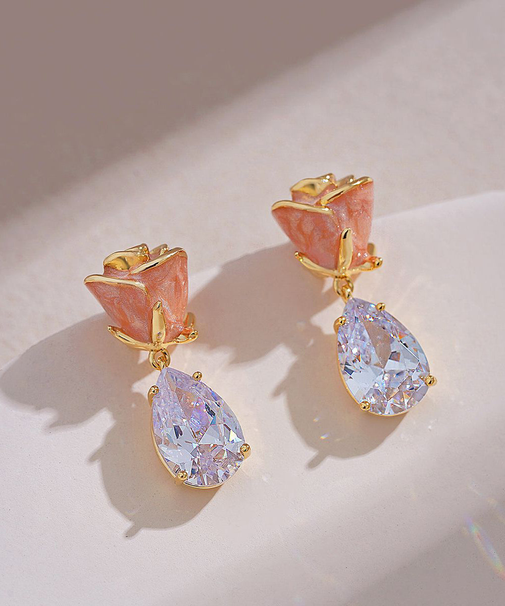 Drop Rose Zircon Pink Stone Earrings Water Cute Copper Gem