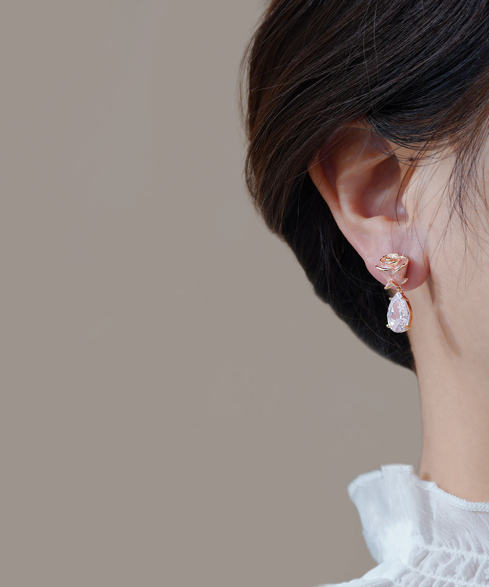 Drop Rose Zircon Pink Stone Earrings Water Cute Copper Gem