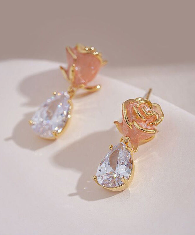 Drop Rose Zircon Pink Stone Earrings Water Cute Copper Gem