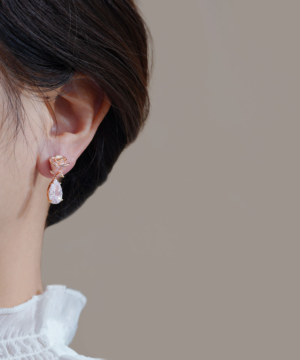 Drop Rose Zircon Pink Stone Earrings Water Cute Copper Gem