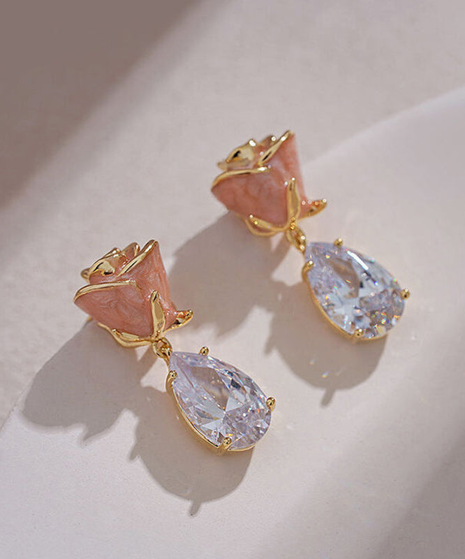Drop Rose Zircon Pink Stone Earrings Water Cute Copper Gem