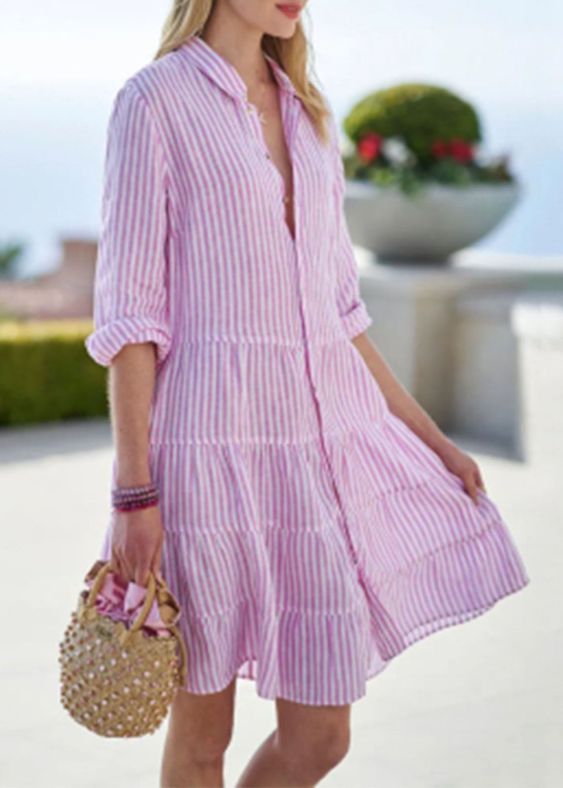 Sleeve Dress Mid Collar Half Cute Button Pink Peter Pan