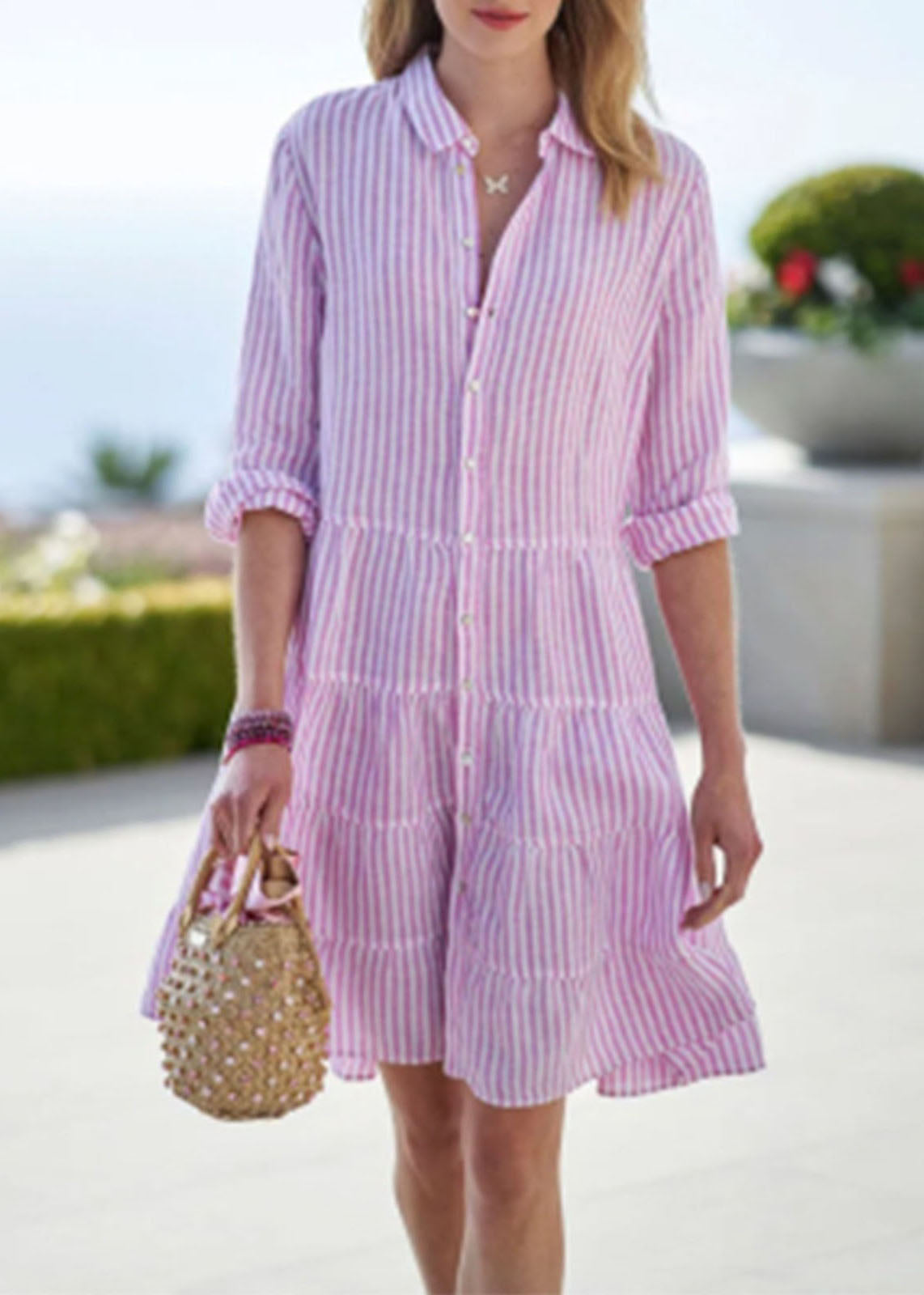 Sleeve Dress Mid Collar Half Cute Button Pink Peter Pan