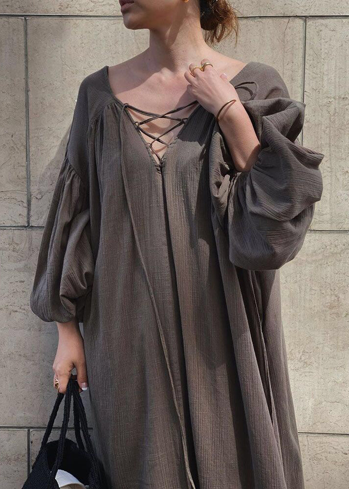 Maxi DIY Lantern Dresses Cotton Strap Brown Oversized Cross