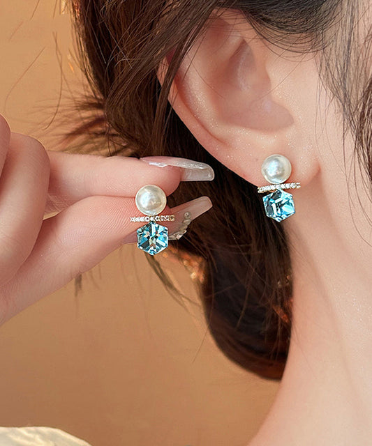 Blue Alloy Lake Copper Pearl Zircon DIY Stud Earrings
