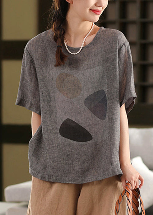 Shirt Grey Print T Linen Dark O Neck Pullover Summer