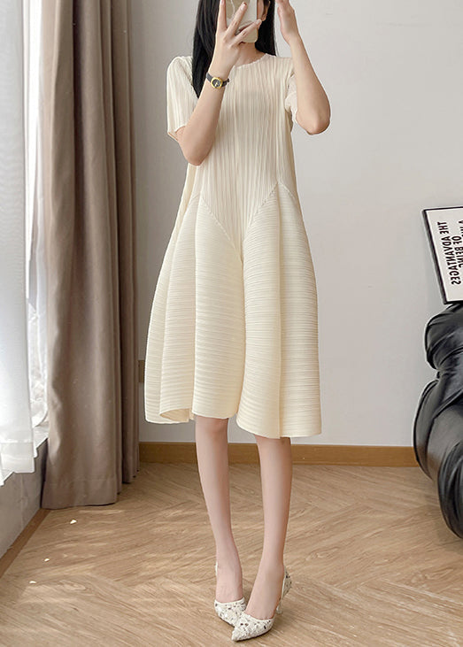 Wrinkled Waist High Cotton Elegant Solid Beige Dresses