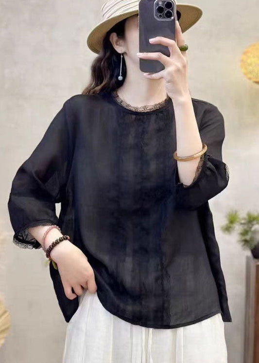 Shirt Black Linen Patchwork Eyelash Tops Oversized Elegant