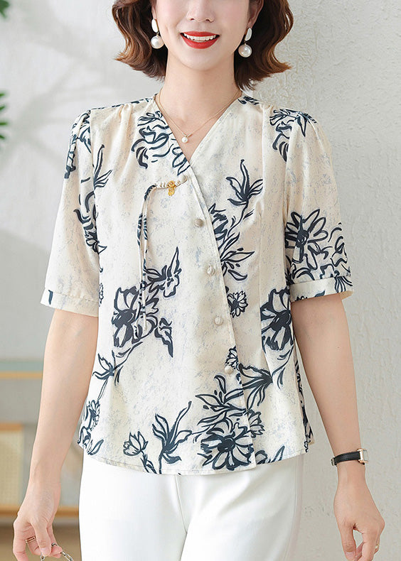 Print Shirts Tasseled Black Summer Elegant Silk