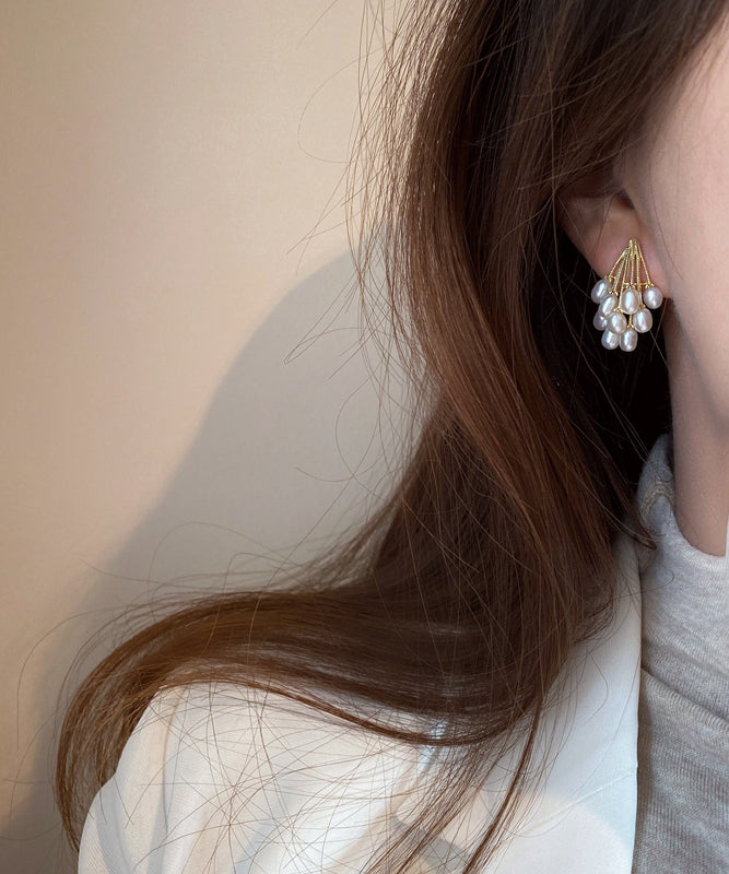 Overgild Pearl Earrings Copper Stud Gold Elegant Grape