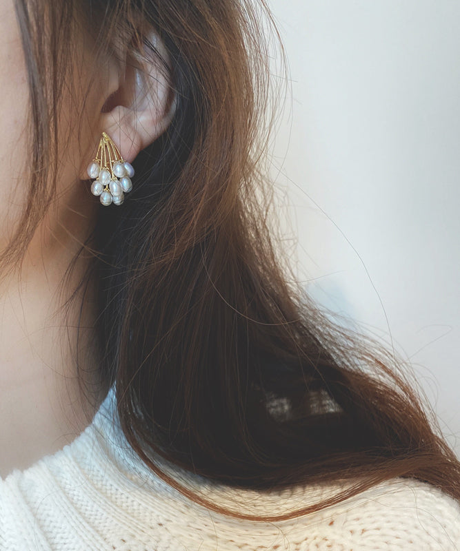 Overgild Pearl Earrings Copper Stud Gold Elegant Grape