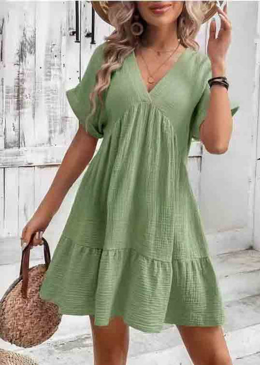 Summer Green Line A Dresses Cotton V Neck Elegant