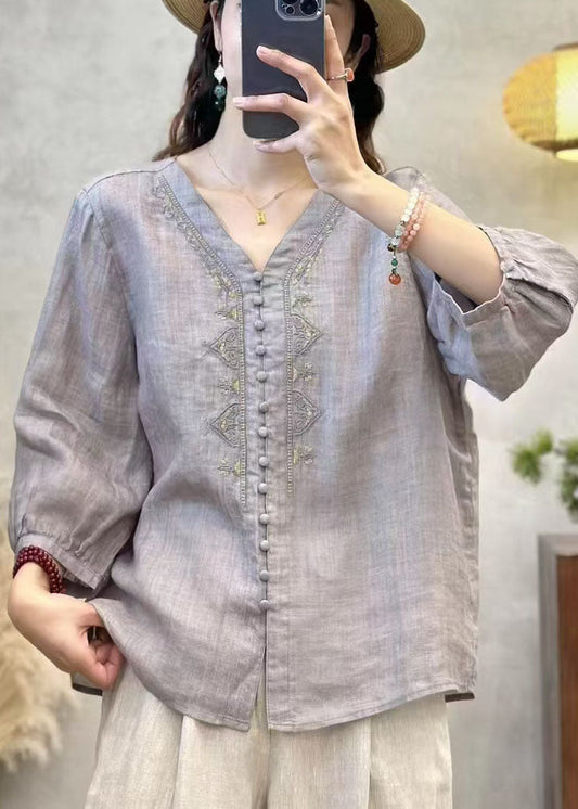 Shirts Sleeve Grey Linen Neck Bracelet Embroidered V Elegant