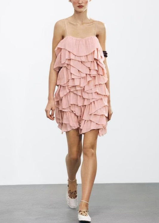 Spaghetti Pink Layered Dress Backless Cotton Elegant Strap
