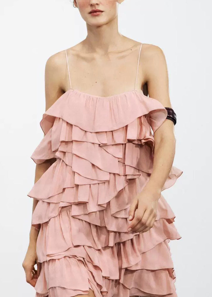 Spaghetti Pink Layered Dress Backless Cotton Elegant Strap