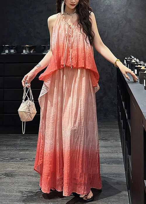 Long Pink Silk Elegant Ruffled Linen Color Gradient Dress
